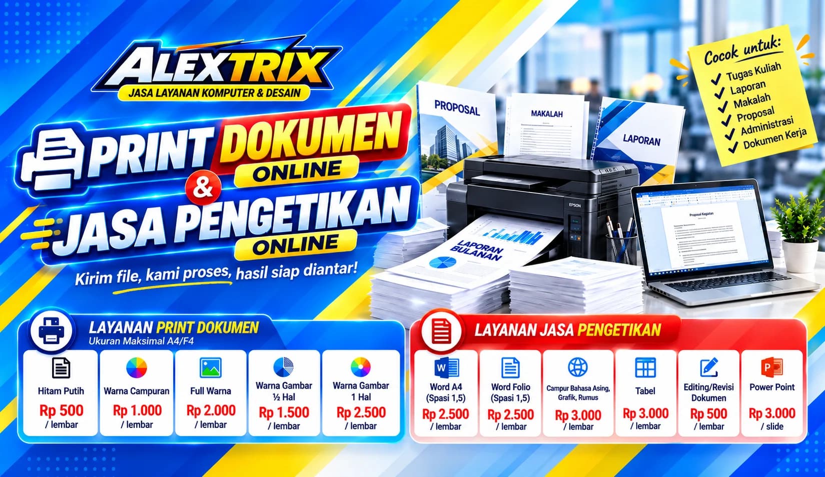 Print dokumen online & jasa pengetikan online ALEXTRIX — kirim file, kami proses, hasil siap diantar.